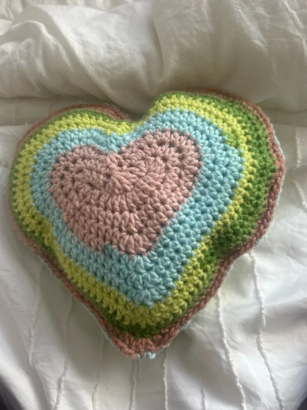 Handmade Crocheted Heart Pillow in Pink, Green & Blue